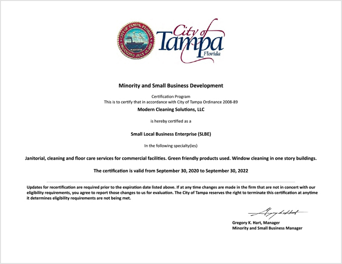 SLBE Certificate City of Tampa
